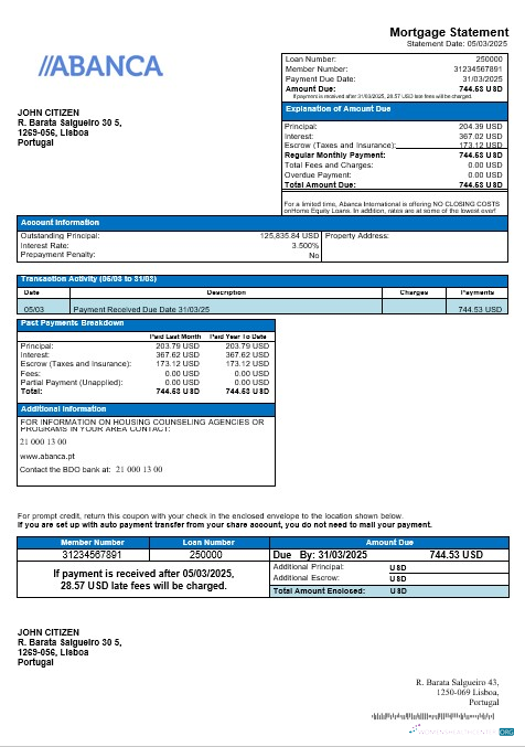 Download Portugal Abanca mortgage statement in Word and PDF format Photoshop template